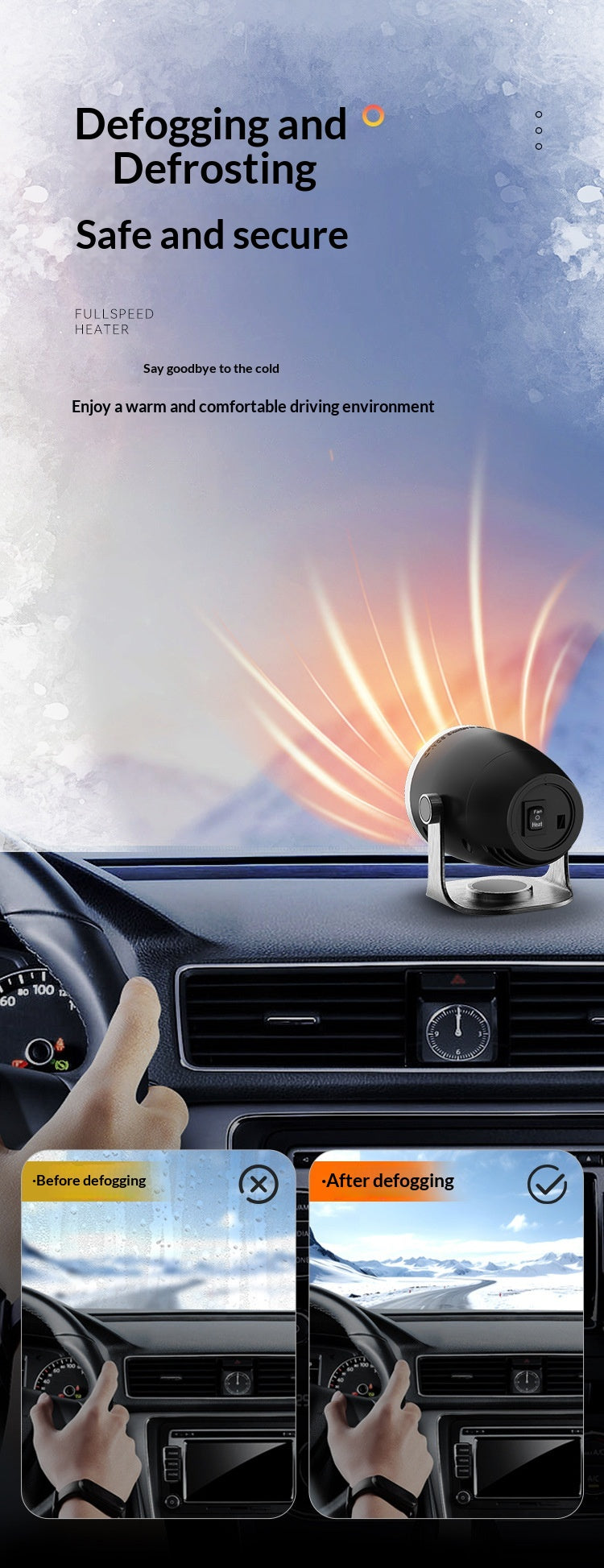 12V/24V Car Heater, Hot & Cold Dual-Use Windshield Defroster, Portable Car Defogger and Snow Removal Heater
