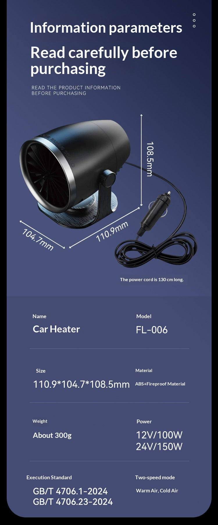 12V/24V Car Heater, Hot & Cold Dual-Use Windshield Defroster, Portable Car Defogger and Snow Removal Heater