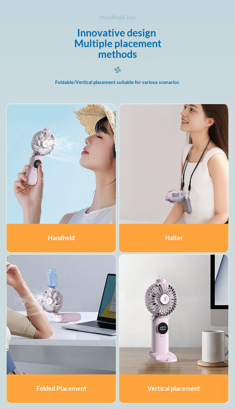 USB Rechargeable High Power Mini Fan, Handheld Desktop Neck Wearable Spray Rotation Integrated Fan